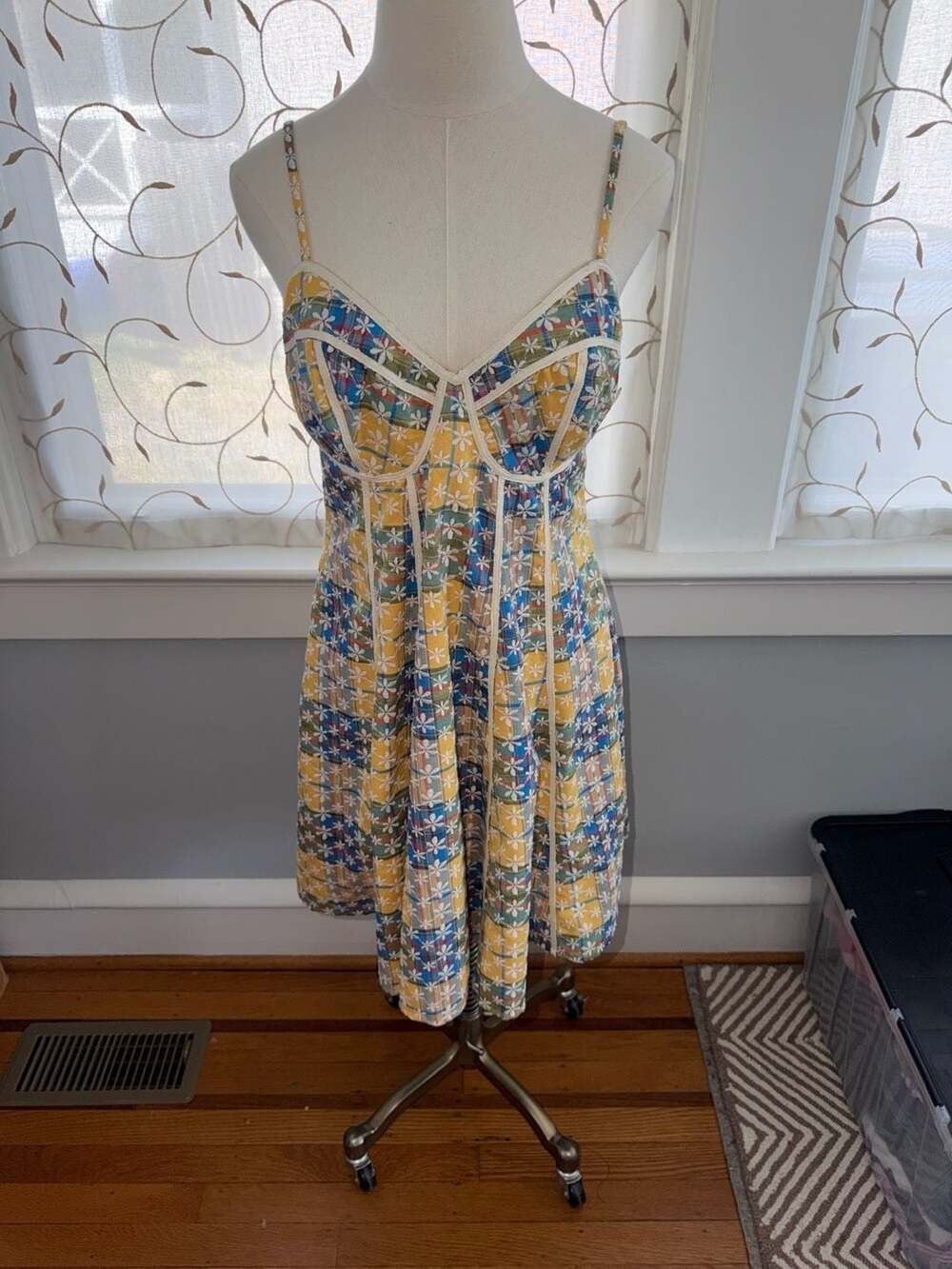 Aureum Plaid Mini Dress with Daisy Embroidery and Corset Seaming